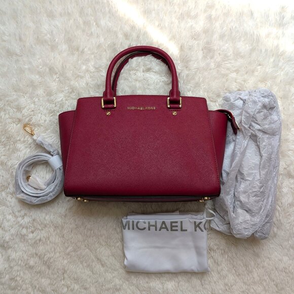NWT Michael Kors Selma Saffiano Leather Medium Satchel (color: cherry) - Picture 1 of 9